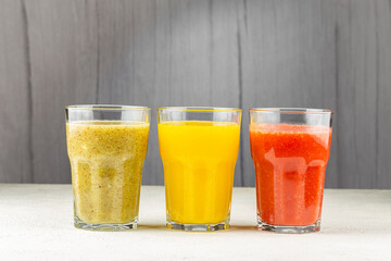 Variety of fruit juices. Fruit smoothies.