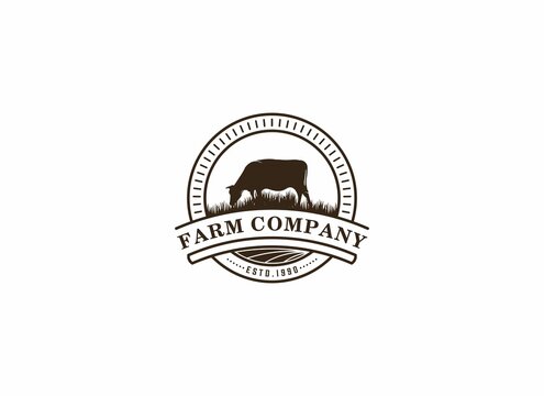 farm company logo template with illustration of a cow eating rumout and a rice field