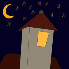 A vector with an object home with a tower with Windows at night