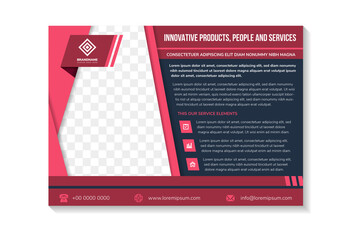 red flyer template design with example headline is innovative products, people and services. Space of photo. Advertising banner with horizontal layout. dark blue background with infographic.