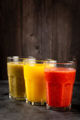 Variety of fruit juices. Fruit smoothies.