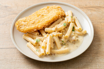quadrotto penne pasta white cream sauce with fried fish