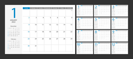 Calendar 2022 week start Sunday corporate design planner template.