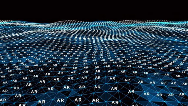 4k abstract Digital blue Wave of particles with text AR dance motion on wave and light.Futuristic dots background with a dynamic wave.Big data.Cyber or technology background.