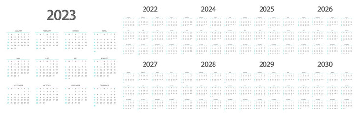 Calendar 2022 2023 2024 2025 2026 2027 2028 2029 2030 week start Sunday corporate design planner template.