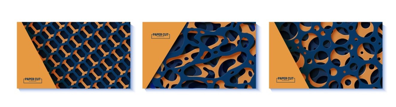 Set of abstract banners with cut out organic shapes, circles and hexagon in paper cut style. Collection of layered 3d papercut backrounds. Vector card illustration in dark blue and orange shapes