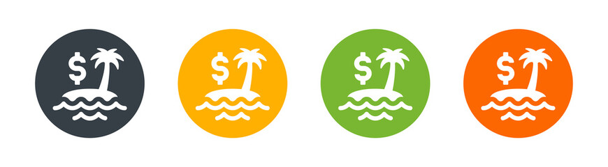 Tax haven, tax paradise, hidden money on island icon.