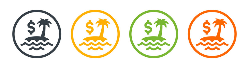 Island with dollar currency icon. Tax haven or fiscal paradise symbol graphic.