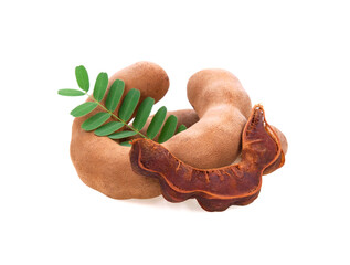 Fresh tamarind fruits and leaves isolated white background.