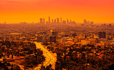 LA Freeway and skyline at sunset - 447604971