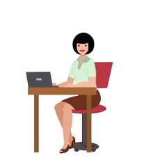 Illustration of a sitting young girl working at a computer in the office or at home, a freelancer, on a white background. For a manual, checklist, presentation, advertisement, leaflet, booklet, manual