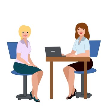 Illustration of two sitting young girls working at a computer in an office on a white background, interview, briefing, conversation. Manual, Checklist, Presentation, Advertisement, Leaflet, Manual