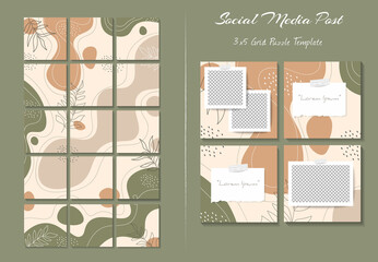 Social media feed post template in grid puzzle style with organic shape background