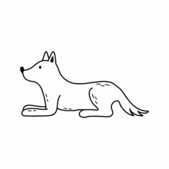 Dog is lying on ground. Drawing in doodle style. Cute puppy coloring book for kids.