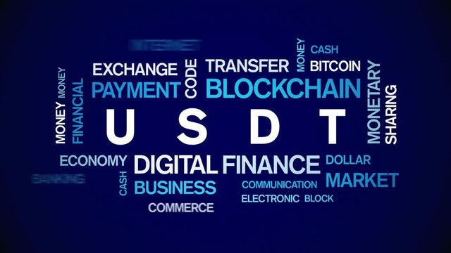 4k USDT Animated Tag Word Cloud;Tether Text Design Animation;Kinetic Typography seamless loop.