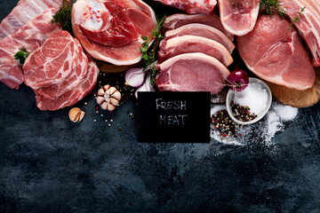 Different types of raw meat on black background