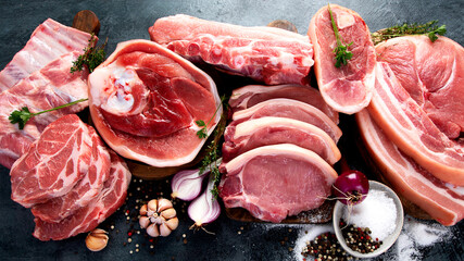 Different types of raw meat on black background