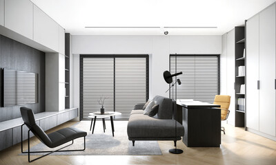 modern black and white living room, trendy japandi interior design, home office concepts