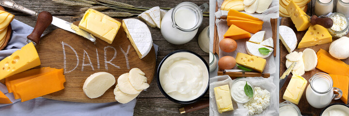 Collage of different fresh dairy products on gray background.