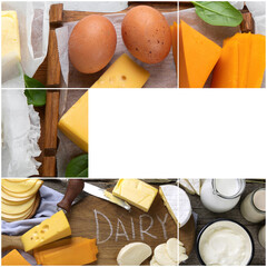 Collage of different fresh dairy products on gray background.