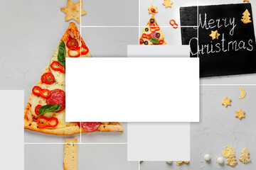 Collage of pizza pieces set like christmas tree. Christmas and New year concept.