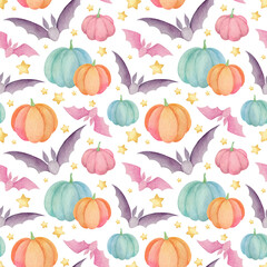 Pastel colored Halloween background: watercolor bats, pumpkins and stars isolated on a white. Spooky scrapbook design. Fall season holiday wallpaper and fabric texture. Hand-drawn elements