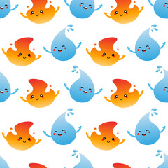 Blue water drop and burning fire, flame characters vector seamless pattern background for nature design.