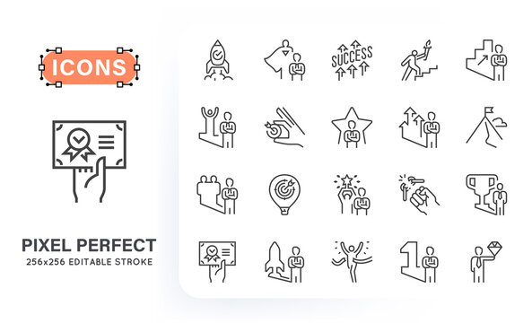 Line icons related to success, achievement, self realization and personal development. 256x256 pixel perfect. Editable stroke.
