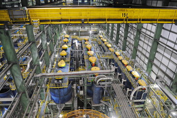 Pavlodar region, Kazakhstan - 12.10.2015 : Hall with technical equipment for processing sulfide ore...
