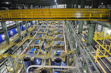 Pavlodar region, Kazakhstan - 12.10.2015 : Hall with technical equipment for processing sulfide ore...