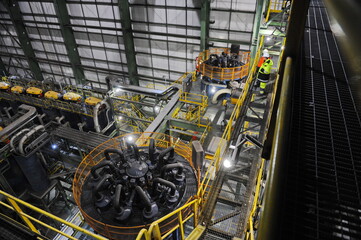 Pavlodar region, Kazakhstan - 12.10.2015 : Hall with technical equipment for processing sulfide ore...
