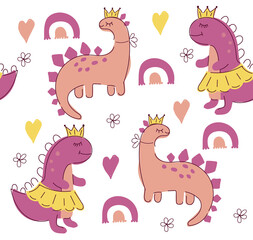 Girl dinos seamless pattern. Cute dinosaurs vector