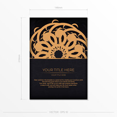 Luxurious black rectangular postcard template with vintage abstract ornament. Elegant and classic vector elements are great for decoration.