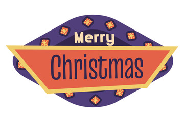 Christmas sign banner in vintage retro style. Merry Christmas inscription with decorations. Vector illustration in flat Mid-Century Modern style design.