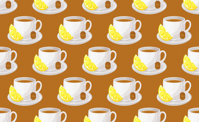 Vector seamless pattern with cups of tea and lemons. Cute background, print for menus, dishes, packaging, covers, napkin