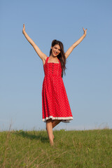 girl in a red dress with different poses and facial expressions