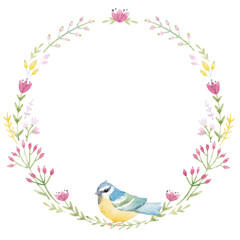 Beautiful floral wreath with cute watercolor hand drawn abstract wild flowers and bird. Stock illustration.