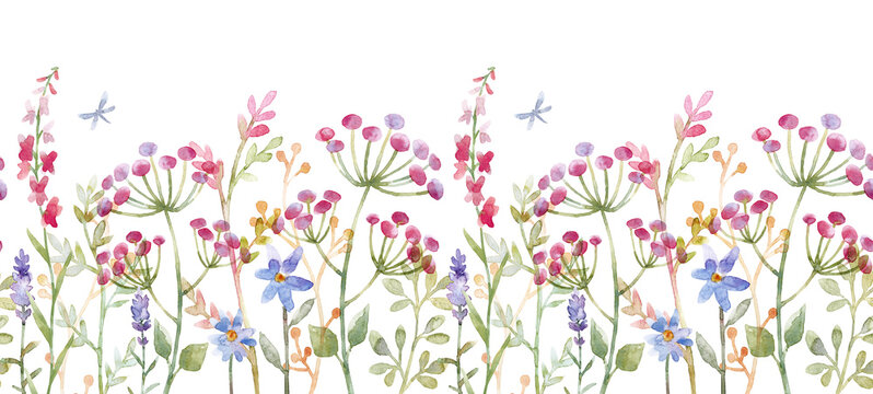 Beautiful floral seamless pattern with cute watercolor hand drawn abstract wild flowers. Stock illustration. © zenina