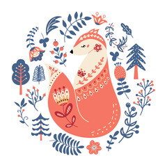 Vector fox in scandinavian style Folk forest animal