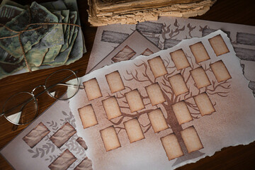 Papers with family tree templates, photos and glasses on wooden table, flat lay