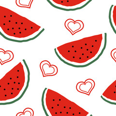 watermelon slices and hearts vector seamless pattern. hand drawn doodle. illustration for wallpaper, wrapping paper, textile, background. red juicy summer fruit.