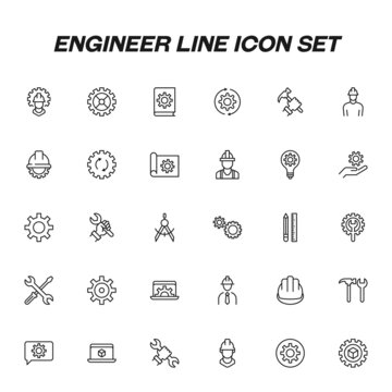 Set of line icons of different gears and engineer in helmet