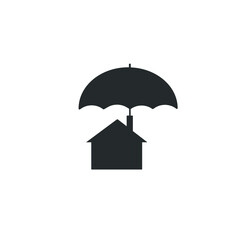 The house is protected by an umbrella. Vector icon, symbol of protection, safety of housing, isolated on white background. Monochrome black minimal design, flat cartoon, eps 10.