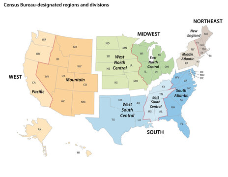 Vector map of the United States census bureau designated regions and divisions