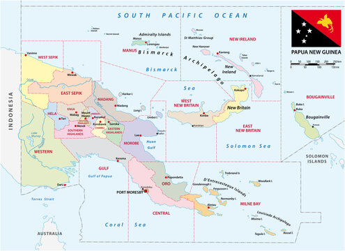 administrative vector map of the provinces of papua new guinea with flag