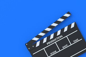 Movie clapper board on blue background. Filmmaking accessories. Cinematography concept. Film in the cinema. Top view. Copy space. 3d render