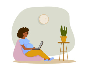 Cute pregnant woman working from home with laptop while sitting in a bag chair. Freelance, coworking concept. Vector illustration. Flat design.