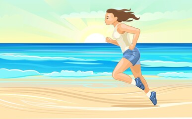Obraz na płótnie Canvas The girl runs. Sports running. Fitness and healthy lifestyle. Flat cartoon style. Woman runner trains on the seashore. Coastal beach. Illustration vector