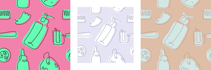 Cosmetics seamless pattern. Self-care and body care linear icons. Vector cosmetic ornament. Fabric background. Outline illustration of sponge, cream, makeup, scrub, soap, bottle. Natural tone hue.