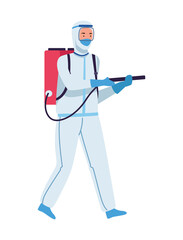 Doctor in protective suit fumigating